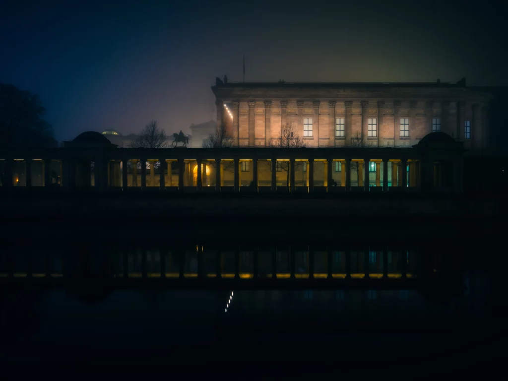 Museum island in a foggy night