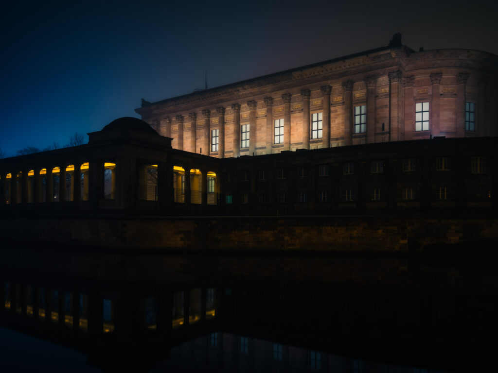 Old National Gallery seen from the Spree side on a foggy night