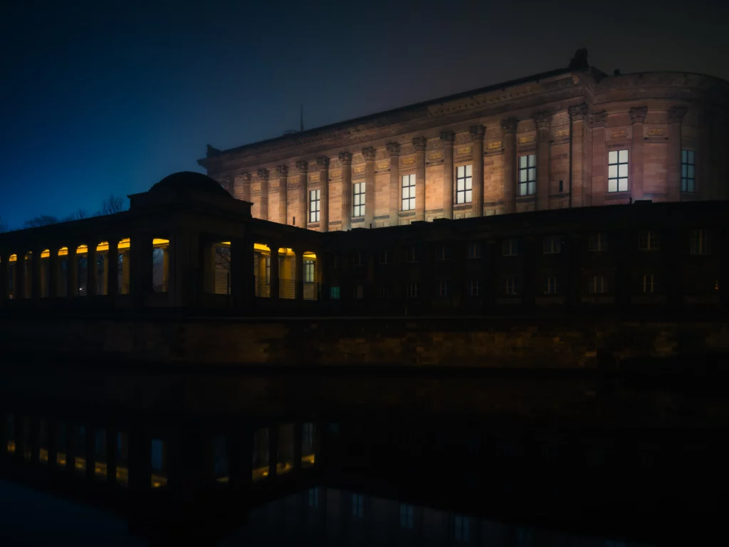 Old National Gallery seen from the Spree side on a foggy night