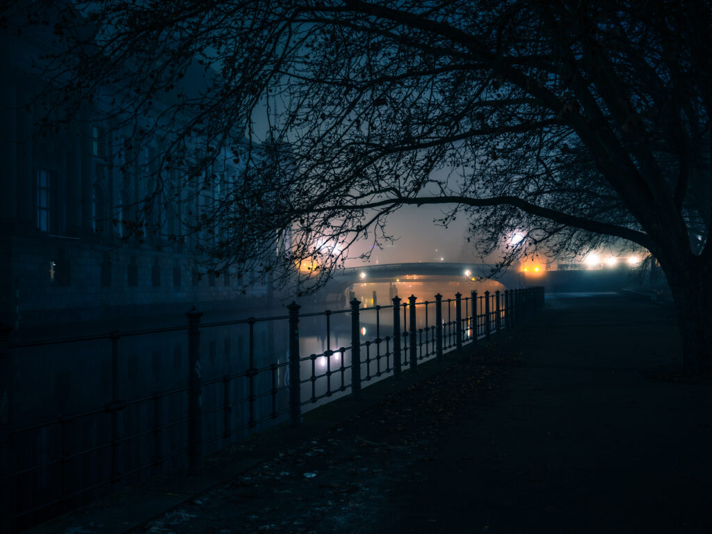 Bode Museum on the banks of the Spree on a foggy night