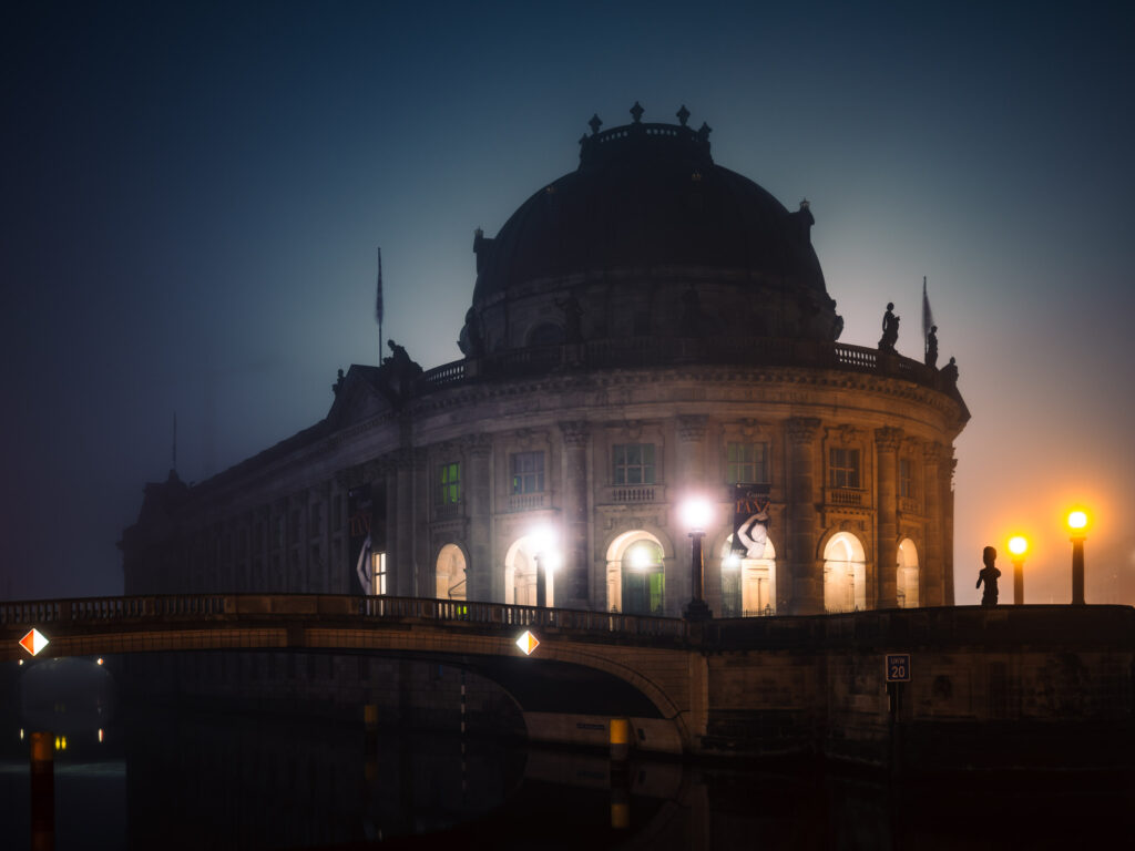 Bode Museum on the banks of the Spree on a foggy night
