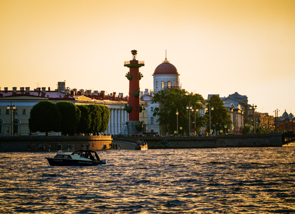 Neva river bank with Rostral Column