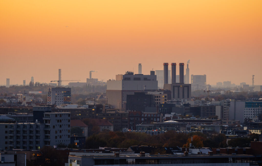City silhouette of Berlin with chimneys of the Charlottenburg cogeneration plant