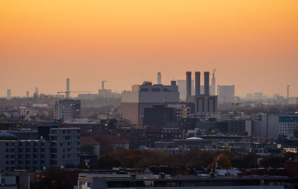 City silhouette of Berlin with chimneys of the Charlottenburg cogeneration plant