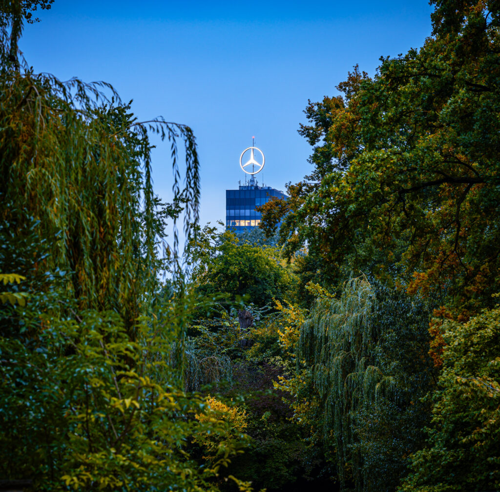 Europa-Center with Mercedes star at blue hour seen from the Tiergarten