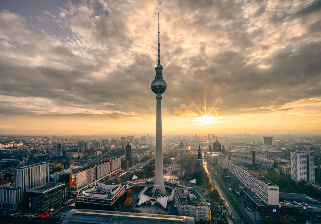 Berlin cityscape during sunset