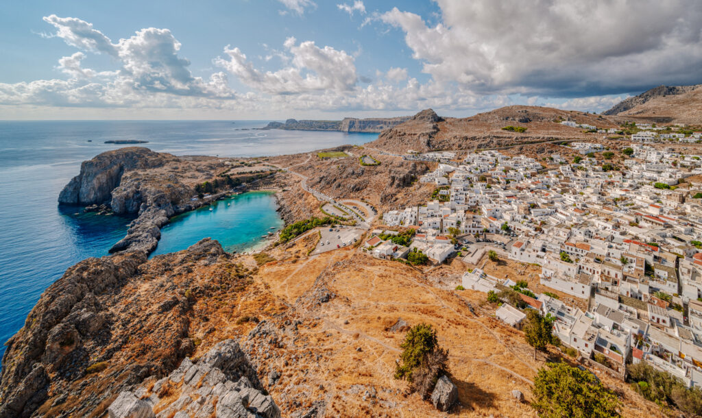 Elevated view white houses of Lindos