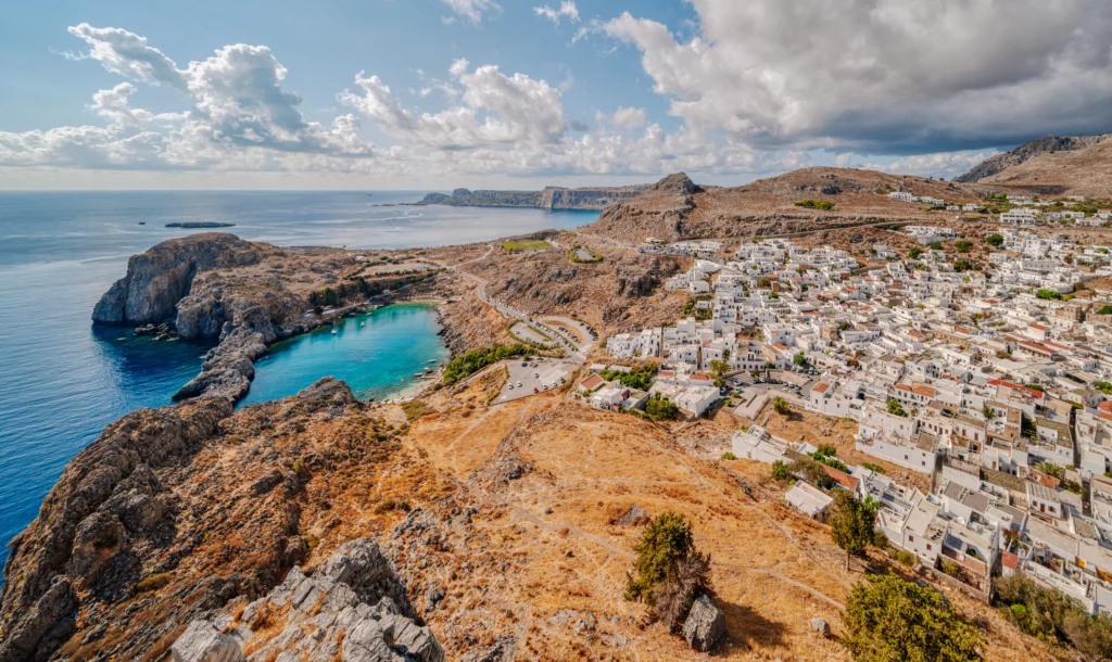 Elevated view white houses of Lindos