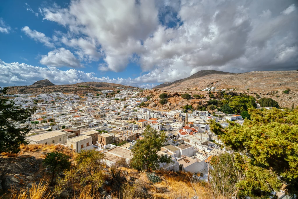 Elevated view white houses of Lindos