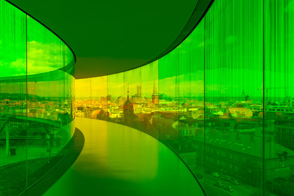 Coloured glass panes on the roof terrace of the ARos Art Museum