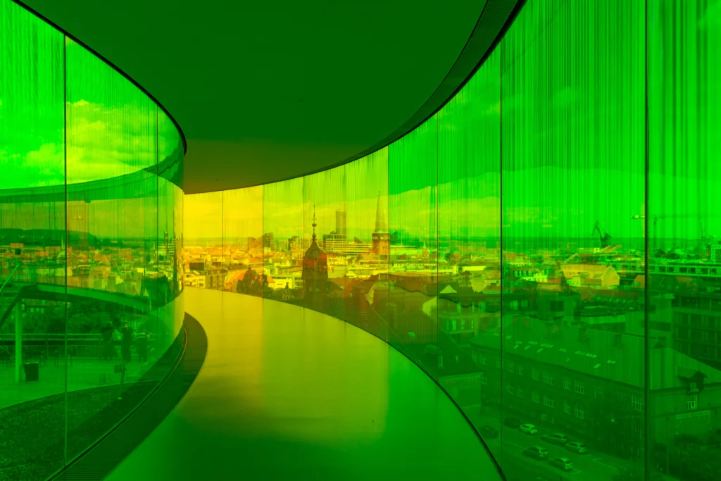 Coloured glass panes on the roof terrace of the ARos Art Museum
