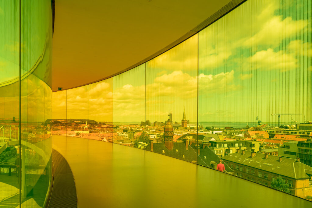 Coloured glass panes on the roof terrace of the ARos Art Museum