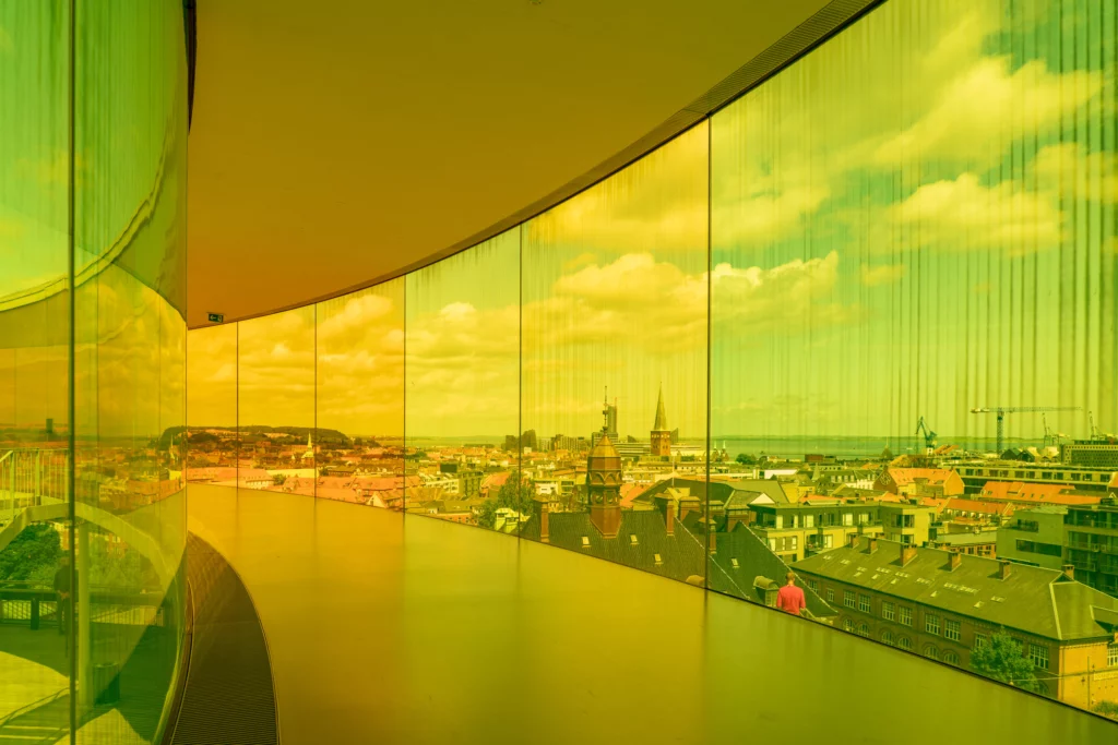Coloured glass panes on the roof terrace of the ARos Art Museum