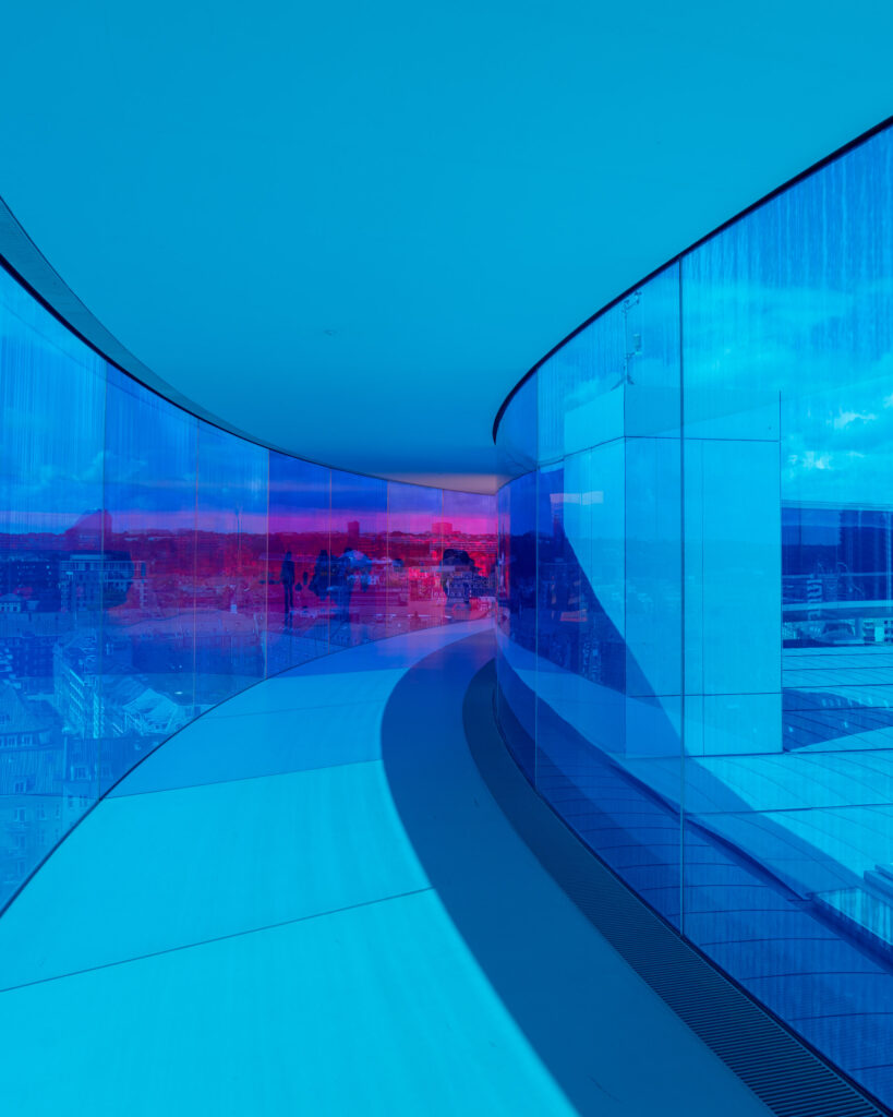 Coloured glass panes on the roof terrace of the ARos Art Museum