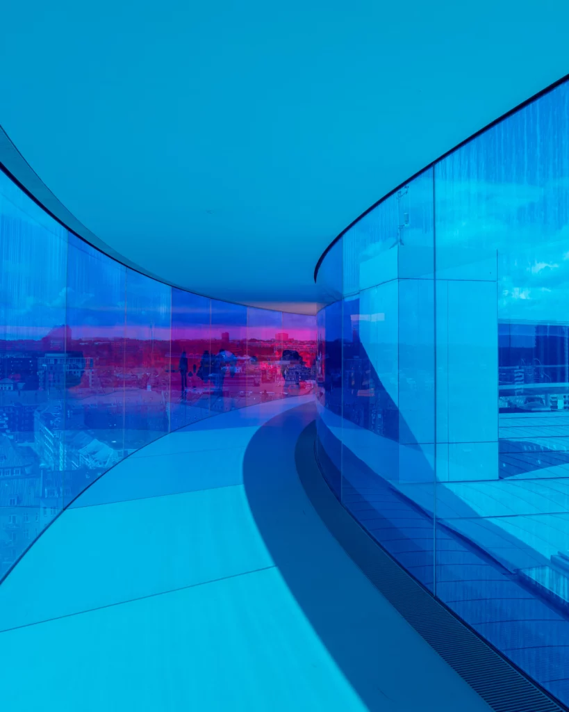 Coloured glass panes on the roof terrace of the ARos Art Museum