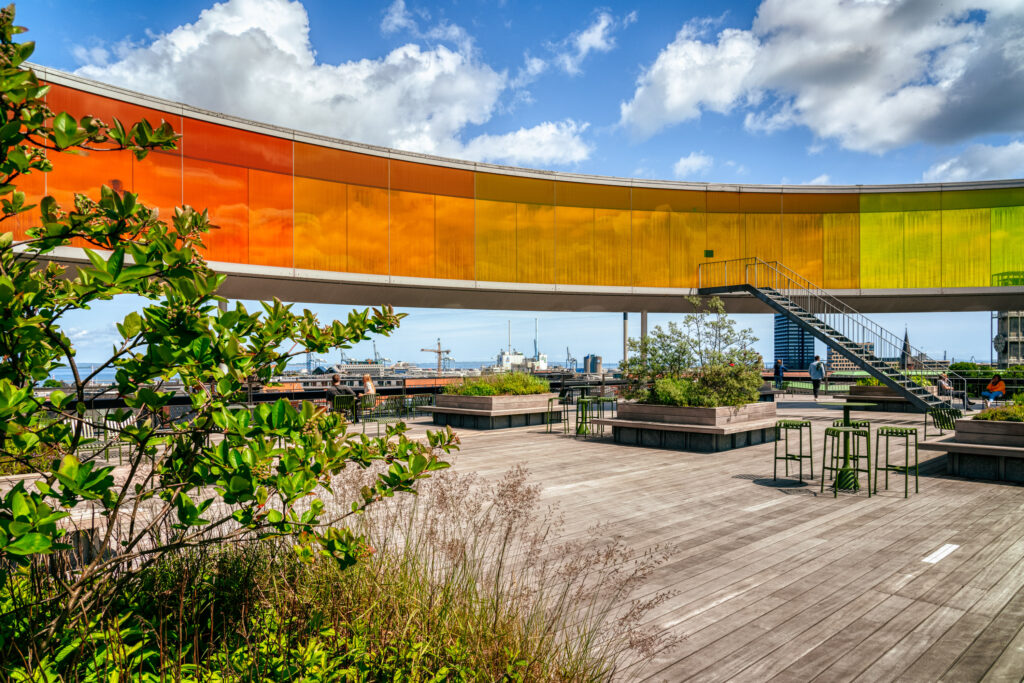 Coloured glass panes on the roof terrace of the ARos Art Museum