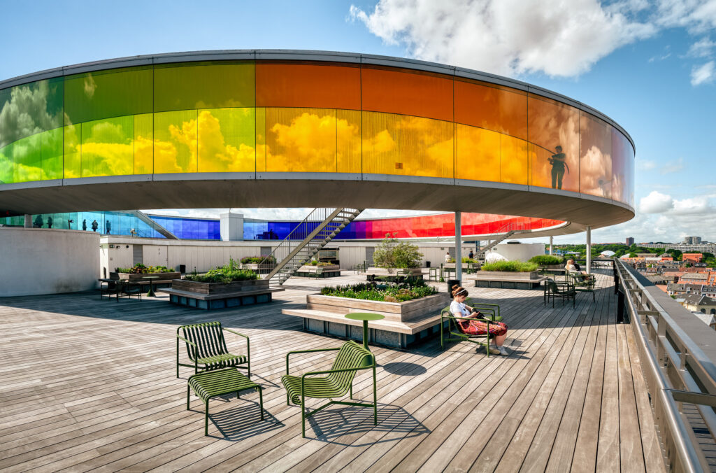 Coloured glass panes on the roof terrace of the ARos Art Museum