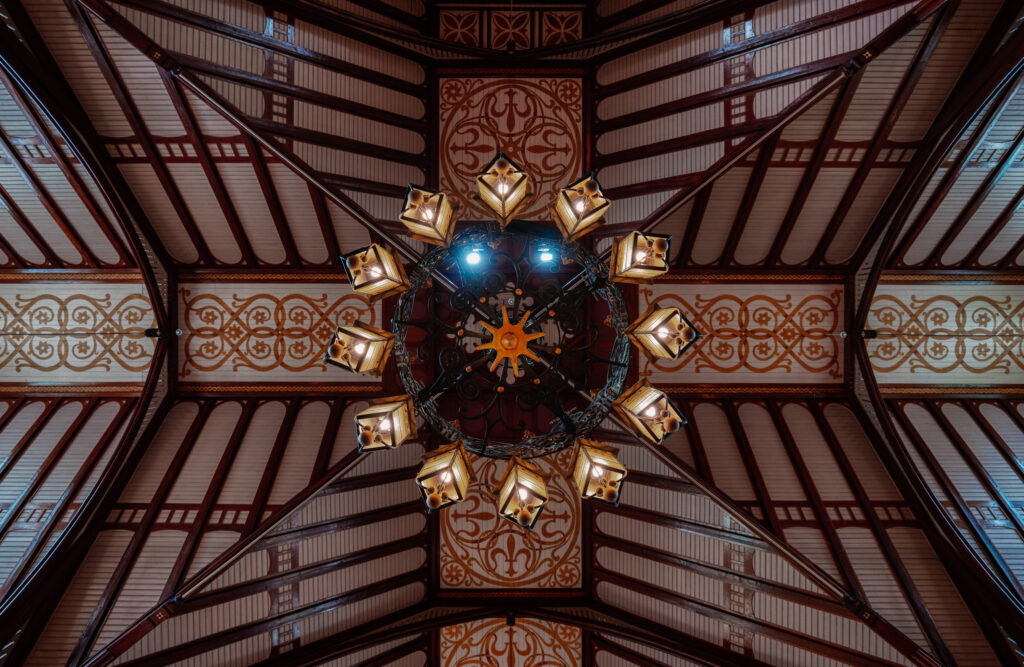 Chandelier and roof of the Church of the Redeemer in Haugesund